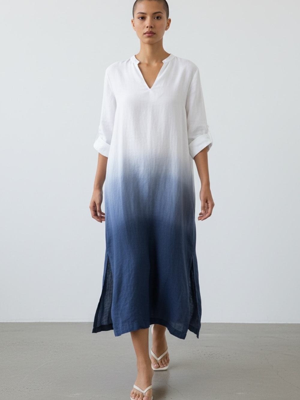 Rareism Belgen 100% linen Ombre white blue midi dress ruched sleeves xs